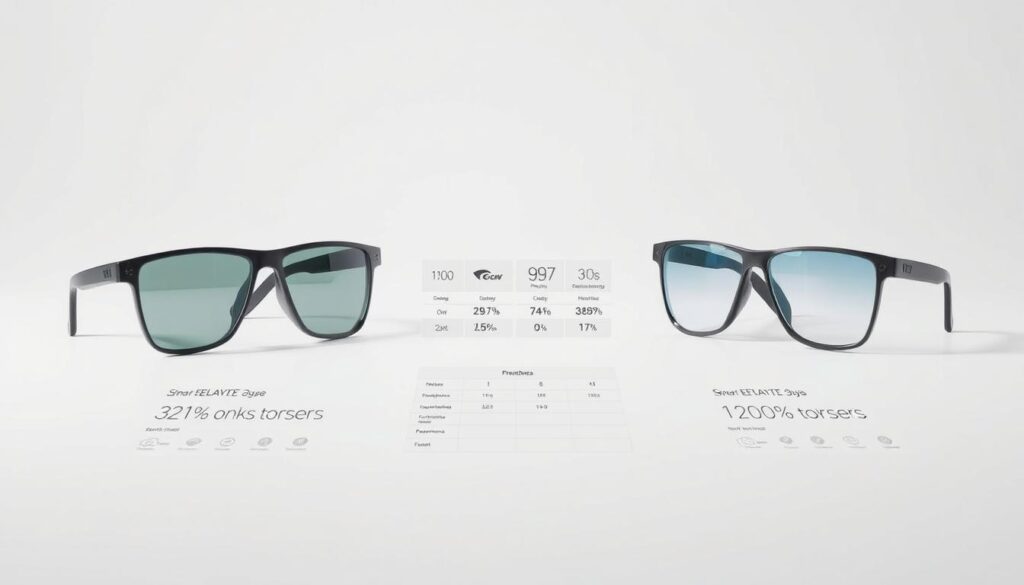 A sleek, minimalist product comparison layout showcasing a side-by-side overview of the latest smart glasses models. In the foreground, three pairs of futuristic glasses are displayed on a clean white surface, their innovative designs and features highlighted by precise lighting. In the middle ground, a grid of technical specifications and performance metrics invites closer inspection. The background subtly fades into a soft, neutral gradient, keeping the focus on the products themselves. The overall mood is one of sophistication and technological advancement, hinting at the transformative potential of this emerging wearable tech market.