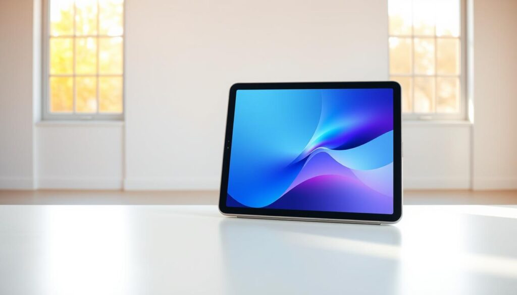 A sleek, modern iPad design showcased in a bright, airy studio setting. The device is displayed prominently in the foreground, its minimalist aluminum body gleaming under soft, natural lighting. The iPad's screen is illuminated, displaying a vibrant, high-resolution digital interface. In the middle ground, a clean, white table provides a simple, uncluttered backdrop, allowing the iPad to be the focal point. The background features floor-to-ceiling windows, letting in an abundance of warm, diffused sunlight that gives the scene a serene, inviting atmosphere. The overall composition emphasizes the iPad's elegant, iconic design and its seamless integration into a modern, technology-driven lifestyle.