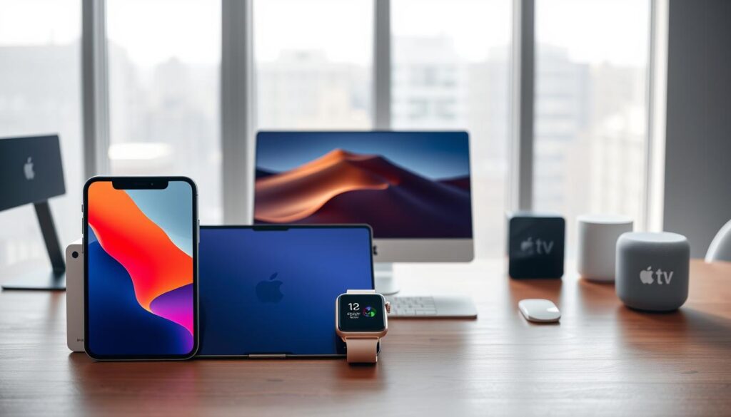 A sleek, modern workspace showcasing the seamless integration of Apple's ecosystem. In the foreground, an iPhone, iPad, and Apple Watch harmoniously interact, their displays casting a warm, soft glow. The middle ground features a MacBook Pro, its aluminium chassis reflecting the natural light streaming in from large windows. In the background, an Apple TV and HomePod blend seamlessly into the minimalist, yet sophisticated decor, creating an atmosphere of effortless connectivity. Subtle hints of the Apple logo subtly accentuate the scene, reinforcing the brand's signature design language. The overall mood is one of elegant, futuristic technology that enhances daily productivity and leisure.