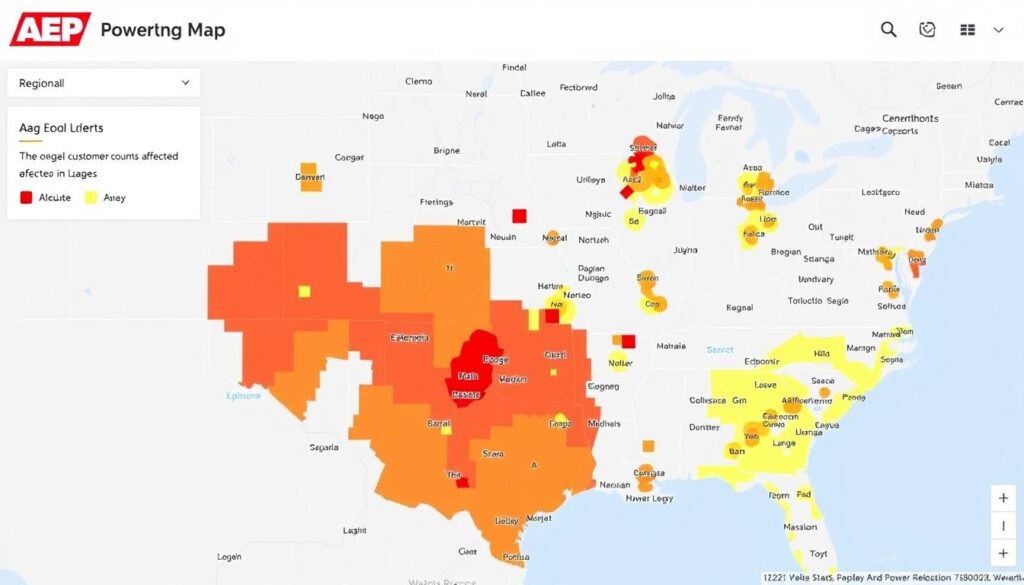 AEP power outage map showing affected areas with color-coded severity indicators
