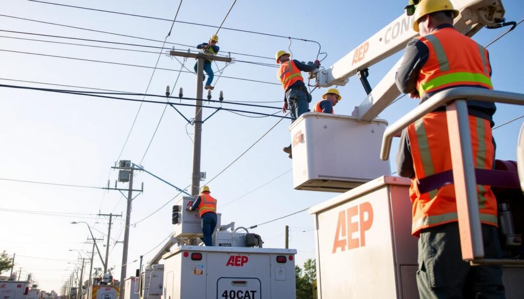 AEP power outage restoration crew working to repair lines after a storm