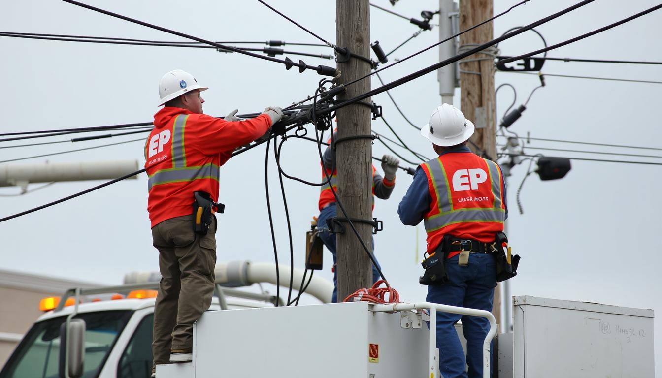 AEP power outage with crews working on electrical lines during restoration efforts