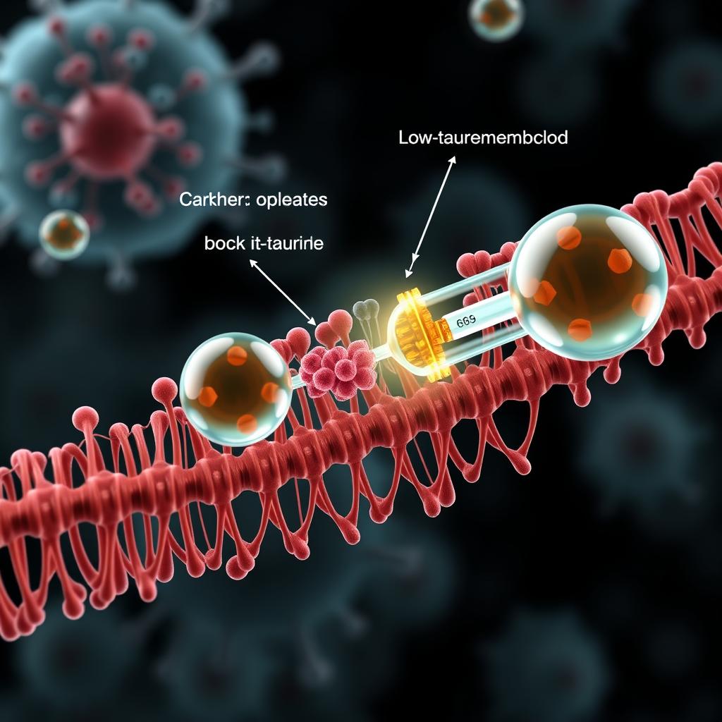 Conceptual illustration of taurine transport inhibitors blocking cancer cell uptake Conceptual illustration of taurine transport inhibitors blocking cancer cell uptake