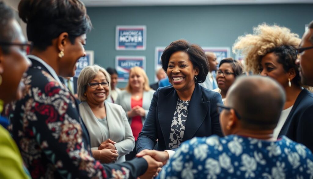 Congresswoman LaMonica McIver meeting with constituents at a community event Congresswoman LaMonica McIver meeting with constituents at a community event
