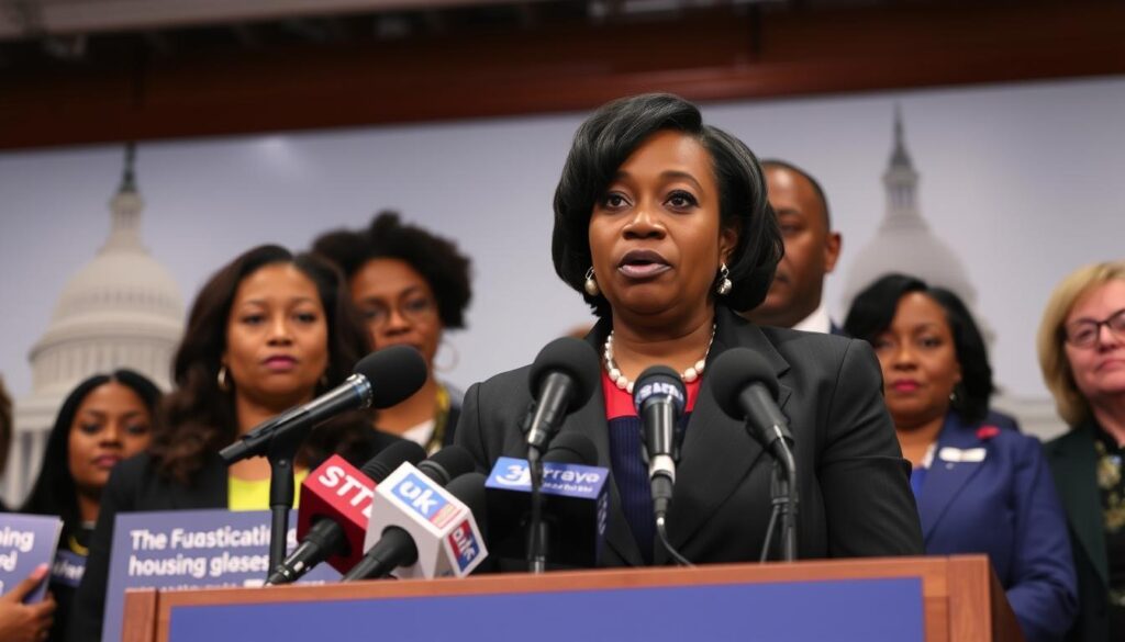 Congresswoman LaMonica McIver speaking at a press conference about housing legislation Congresswoman LaMonica McIver speaking at a press conference about housing legislation