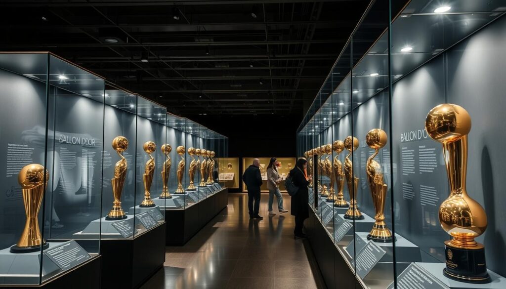 Display of multiple Ballon d'Or trophies in a museum exhibition about football history Display of multiple Ballon d'Or trophies in a museum exhibition about football history