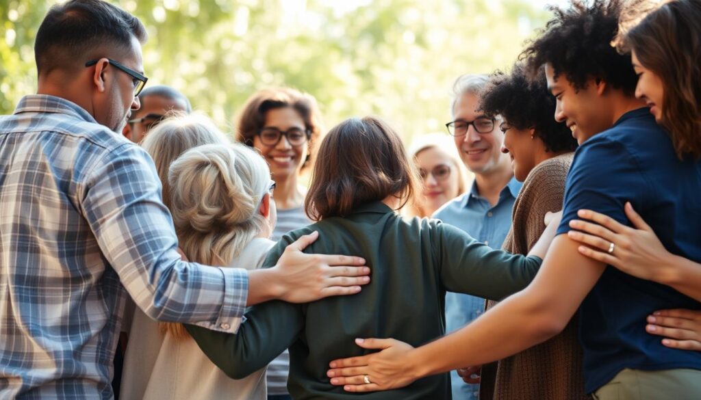 Diverse group of people supporting each other, representing mental health awareness and stigma reduction Diverse group of people supporting each other, representing mental health awareness and stigma reduction