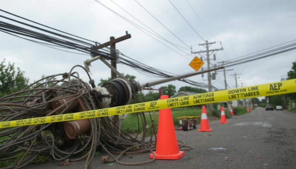 Downed power lines after a storm causing an AEP power outage with warning tape