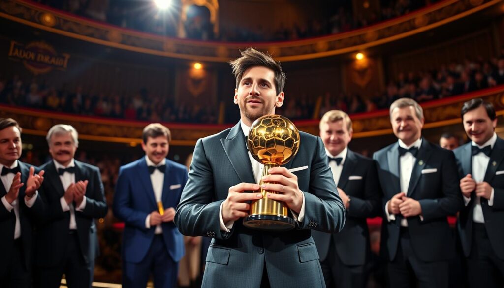 Emotional moment at the Ballon d'Or gala with Lionel Messi receiving his record-breaking trophy Emotional moment at the Ballon d'Or gala with Lionel Messi receiving his record-breaking trophy