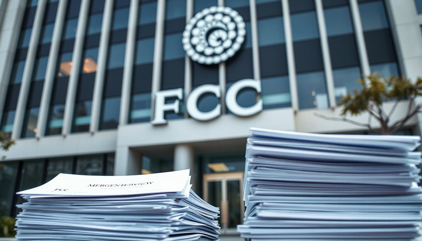 FCC headquarters building with telecommunications merger review documents