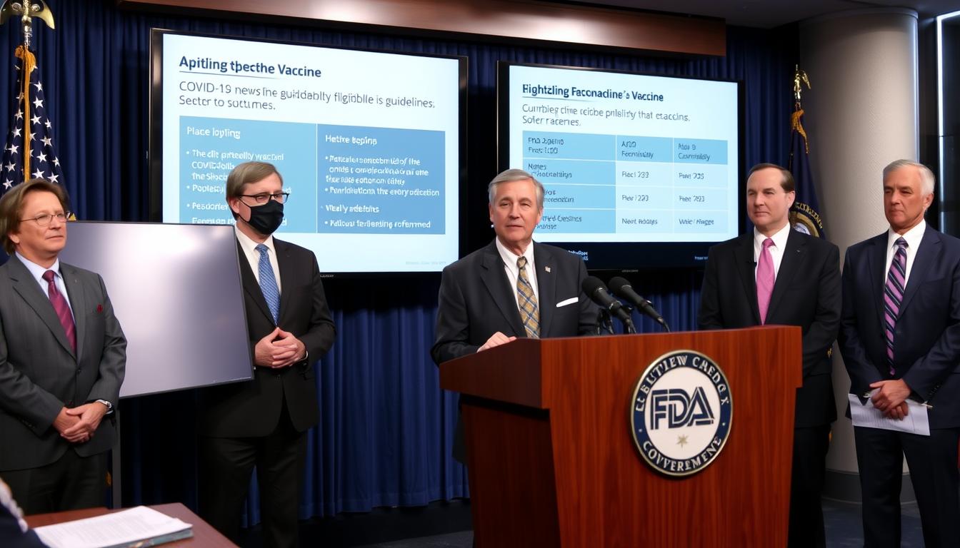 FDA COVID-19 vaccine eligibility announcement showing officials at press conference