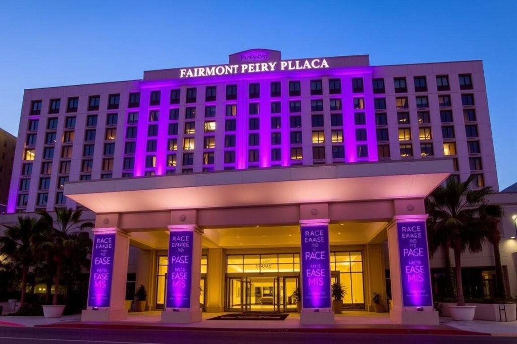 Fairmont Century Plaza in Los Angeles decorated for the Race to Erase MS Gala with purple lighting and event banners Fairmont Century Plaza in Los Angeles decorated for the Race to Erase MS Gala with purple lighting and event banners