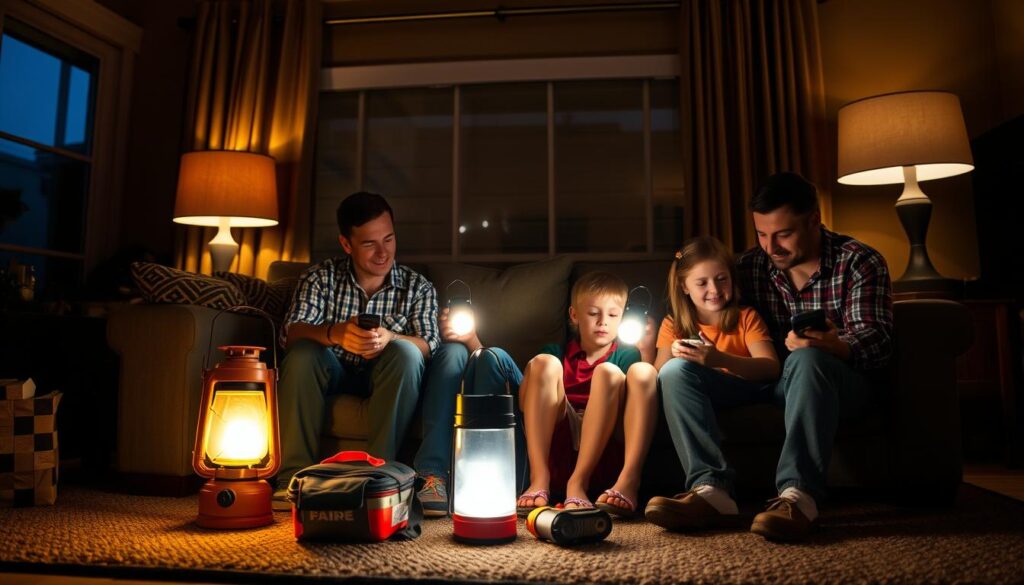 Family prepared for an AEP power outage with emergency supplies and battery-powered lights