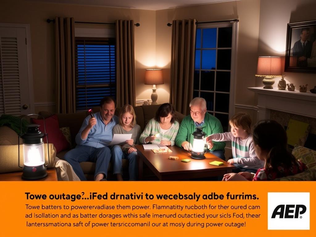 Family using flashlights and battery-powered lanterns during an AEP power outage