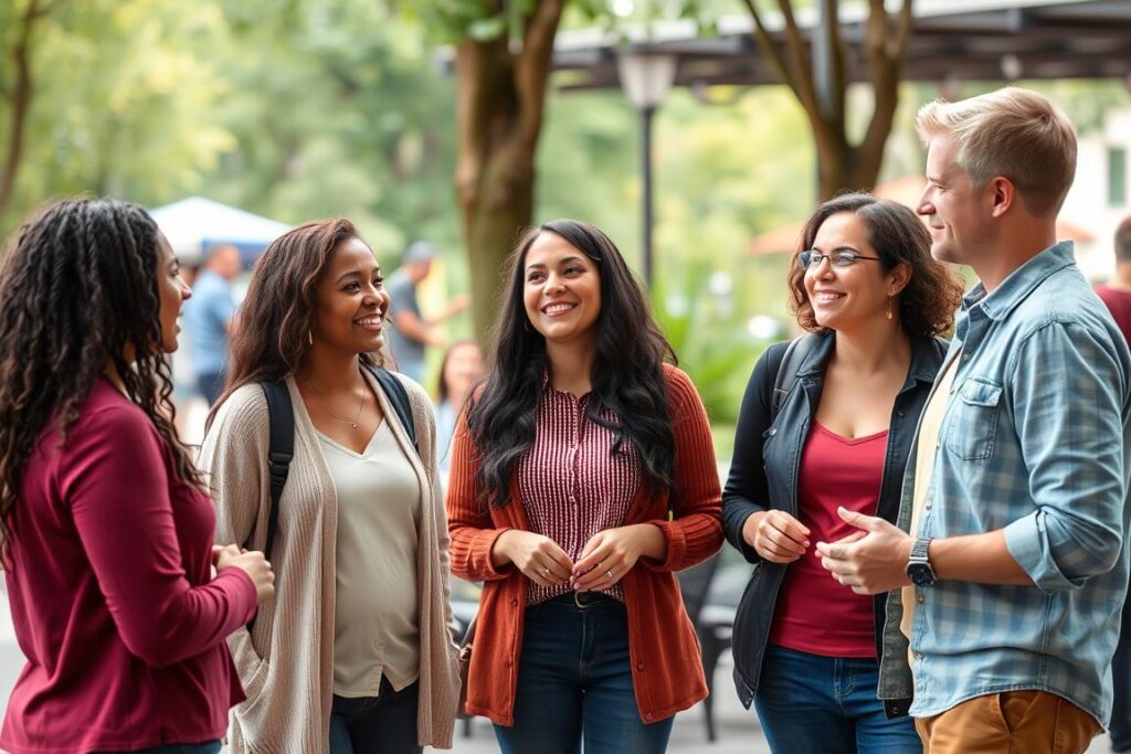 Group of people connecting socially outdoors as a mental health recovery strategy