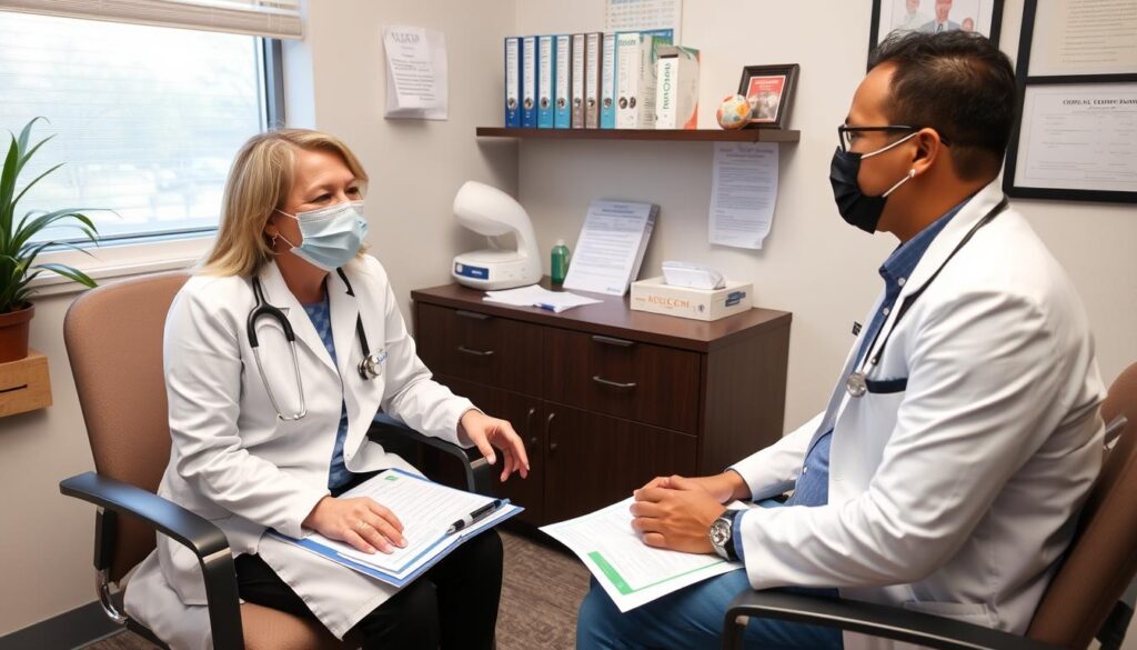 Healthcare provider discussing FDA COVID-19 vaccine eligibility with patient Healthcare provider discussing FDA COVID-19 vaccine eligibility with patient