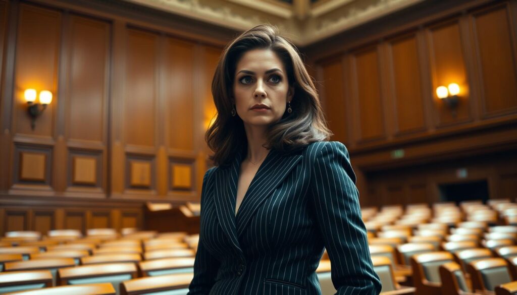 Jeanine Pirro, a determined young woman, stands confidently in a courtroom, her sharp gaze fixed on the jury. The elegant pinstripe suit accentuates her powerful presence, exuding authority and intellect. Soft, directional lighting illuminates her determined expression, casting dramatic shadows that highlight her steely resolve. In the background, rows of oak benches and a soaring, ornate ceiling convey the grandeur and gravity of the legal system she navigates. This scene captures Pirro's pioneering spirit as she breaks through the barriers of a male-dominated profession, paving the way for future generations of female legal trailblazers.