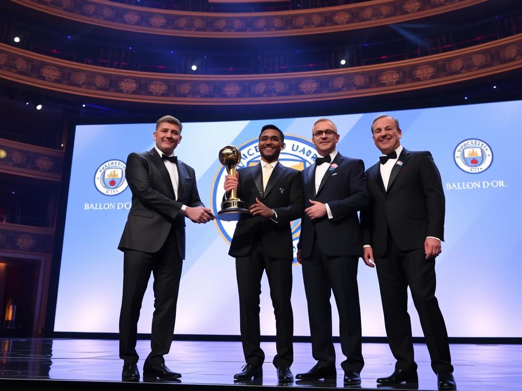 Manchester City representatives accepting the Club of the Year award at the 2023 Ballon d'Or gala Manchester City representatives accepting the Club of the Year award at the 2023 Ballon d'Or gala