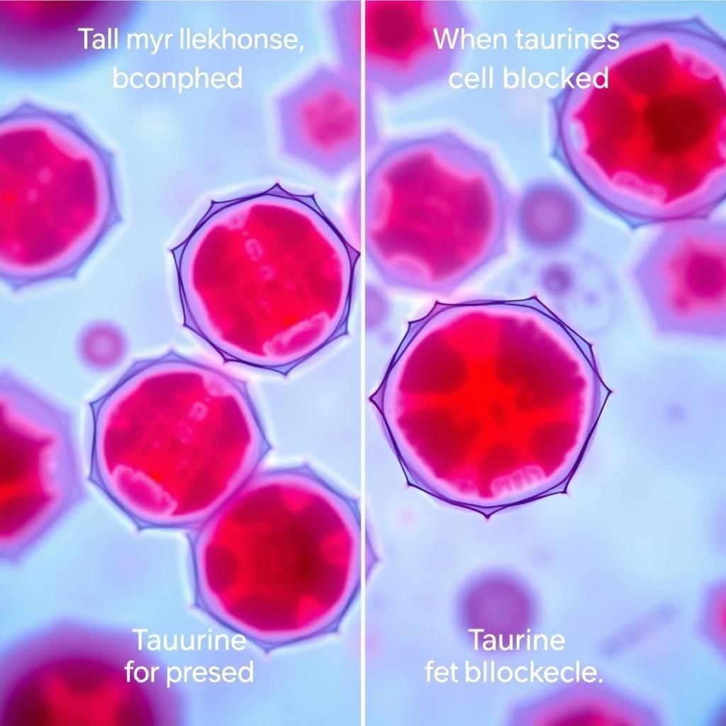 Microscopic view of acute myeloid leukemia cells affected by taurine Microscopic view of acute myeloid leukemia cells affected by taurine