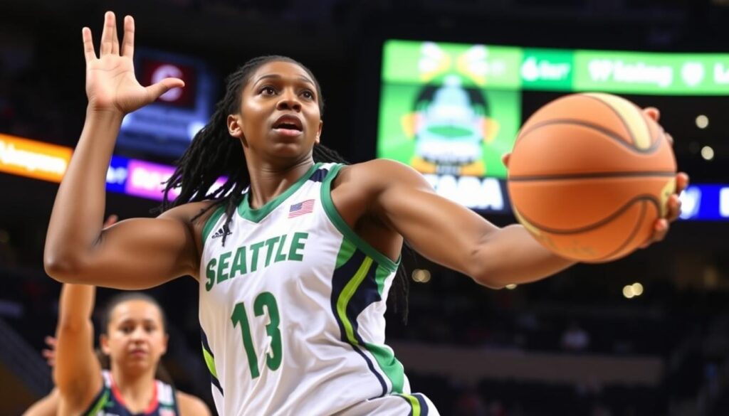 Nneka Ogwumike grabbing a rebound during the Seattle Storm vs Dallas Wings WNBA game Nneka Ogwumike grabbing a rebound during the Seattle Storm vs Dallas Wings WNBA game