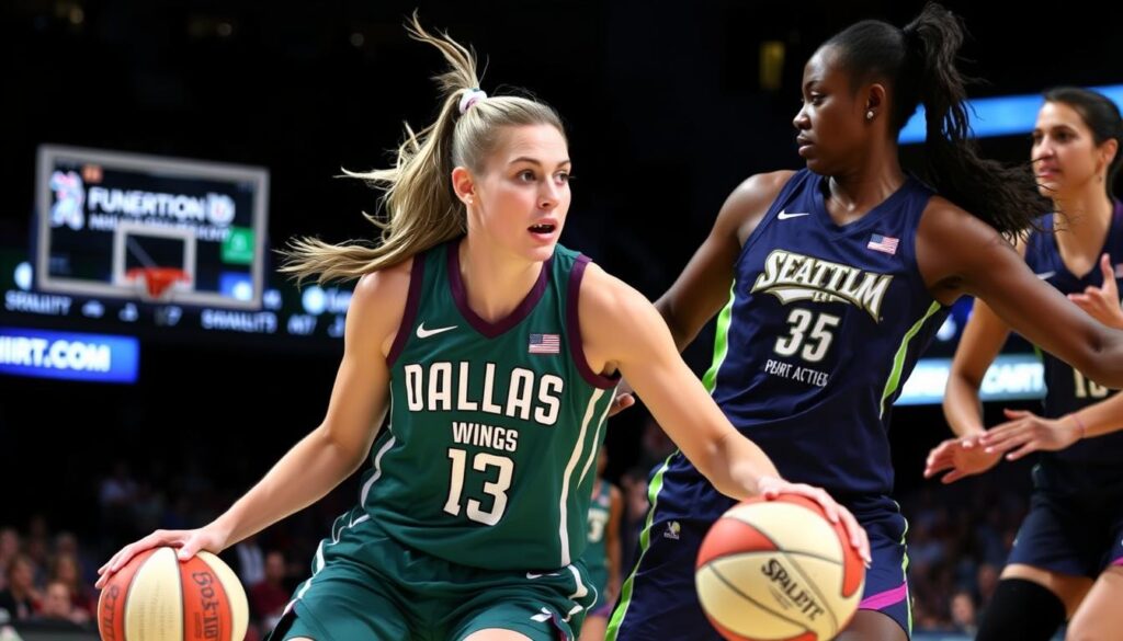 Paige Bueckers defending against a Seattle Storm player Paige Bueckers defending against a Seattle Storm player