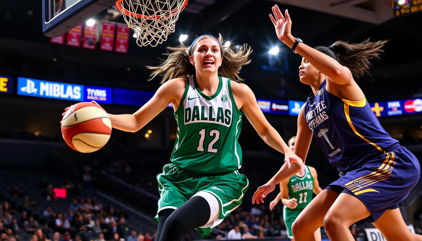 Paige Bueckers driving to the basket during her second WNBA game against the Seattle Storm