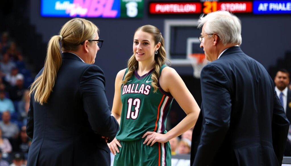 Paige Bueckers speaking with coaches during a timeout in her second WNBA game Paige Bueckers speaking with coaches during a timeout in her second WNBA game