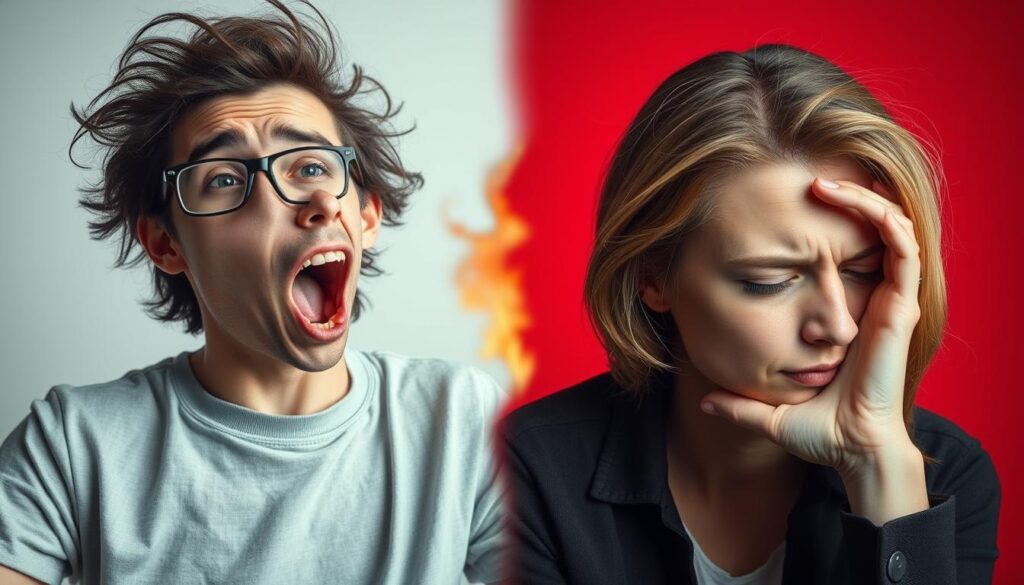Person exhibiting signs of bipolar disorder, showing contrasting emotional states Person exhibiting signs of bipolar disorder, showing contrasting emotional states