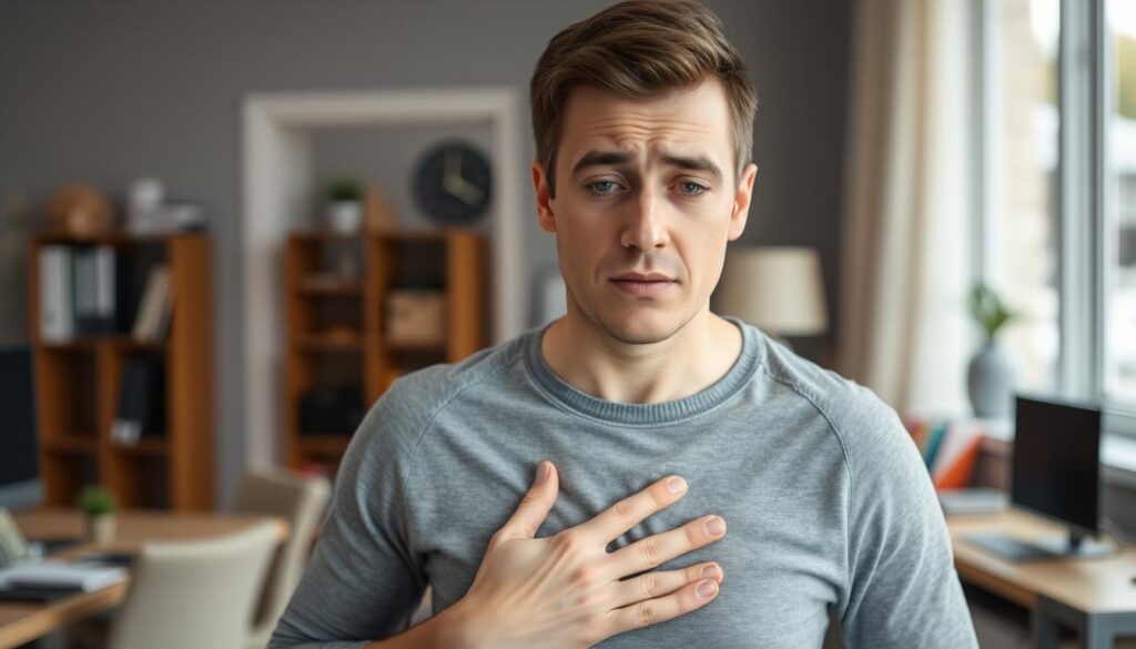 Person experiencing anxiety symptoms, representing early warning signs of mental disorders related to anxiety Person experiencing anxiety symptoms, representing early warning signs of mental disorders related to anxiety
