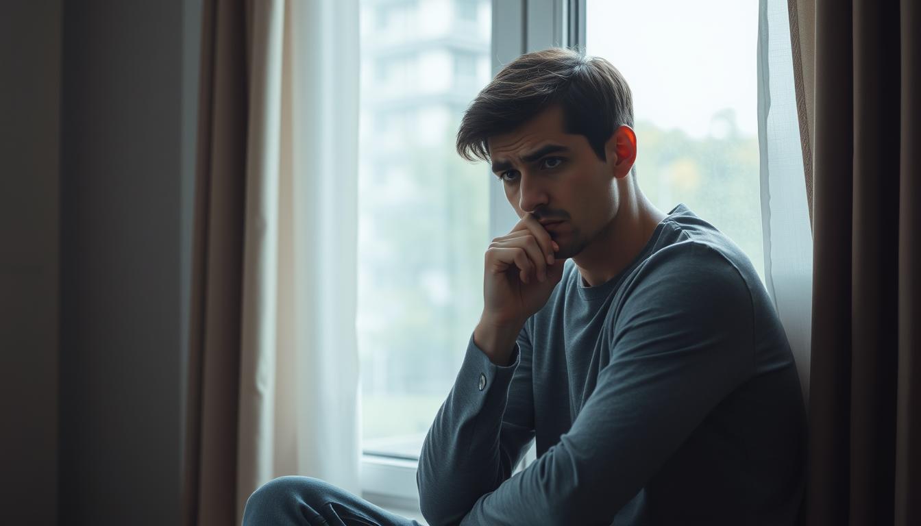 Person looking concerned while sitting alone, representing early warning signs of mental disorders