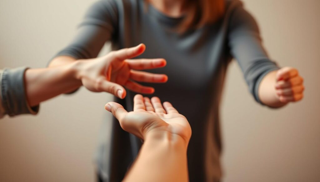 Person reaching out for help, representing appropriate response to mental disorder warning signs Person reaching out for help, representing appropriate response to mental disorder warning signs