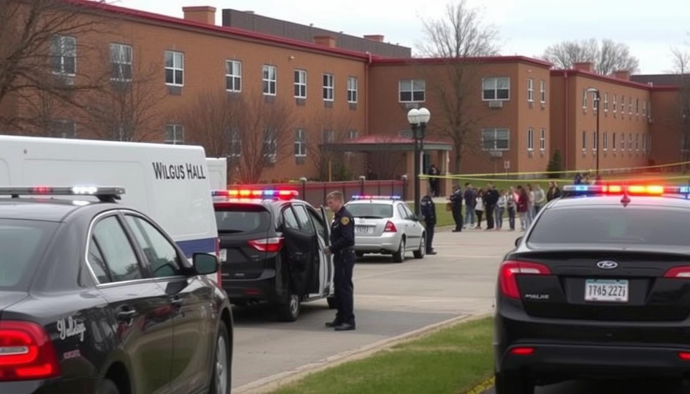 Police vehicles and emergency responders outside Wilgus Hall at UW-Platteville following student deaths incident