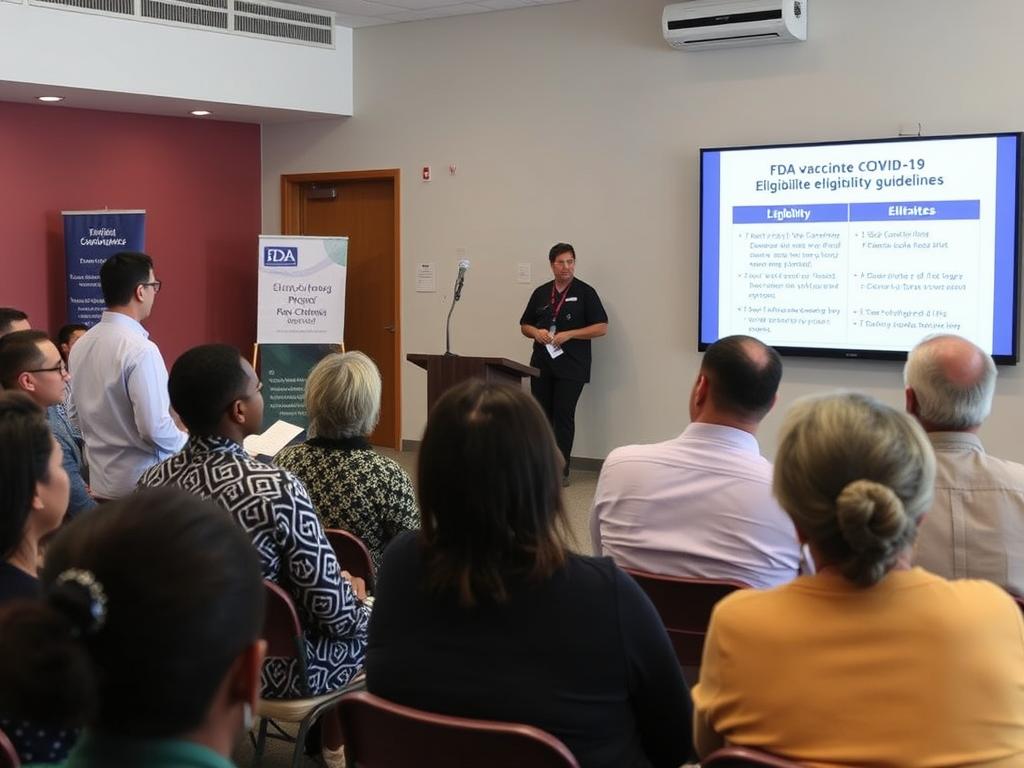 Public health official explaining FDA COVID-19 vaccine eligibility at community event Public health official explaining FDA COVID-19 vaccine eligibility at community event