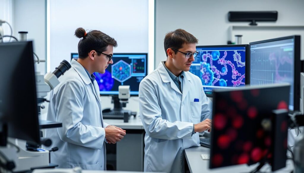 Scientists researching taurine blood cancer connections in a laboratory setting Scientists researching taurine blood cancer connections in a laboratory setting