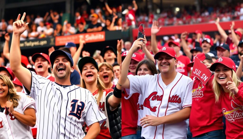 Split image showing Tigers and Cardinals fans celebrating during a Tigers vs Cardinals game Split image showing Tigers and Cardinals fans celebrating during a Tigers vs Cardinals game