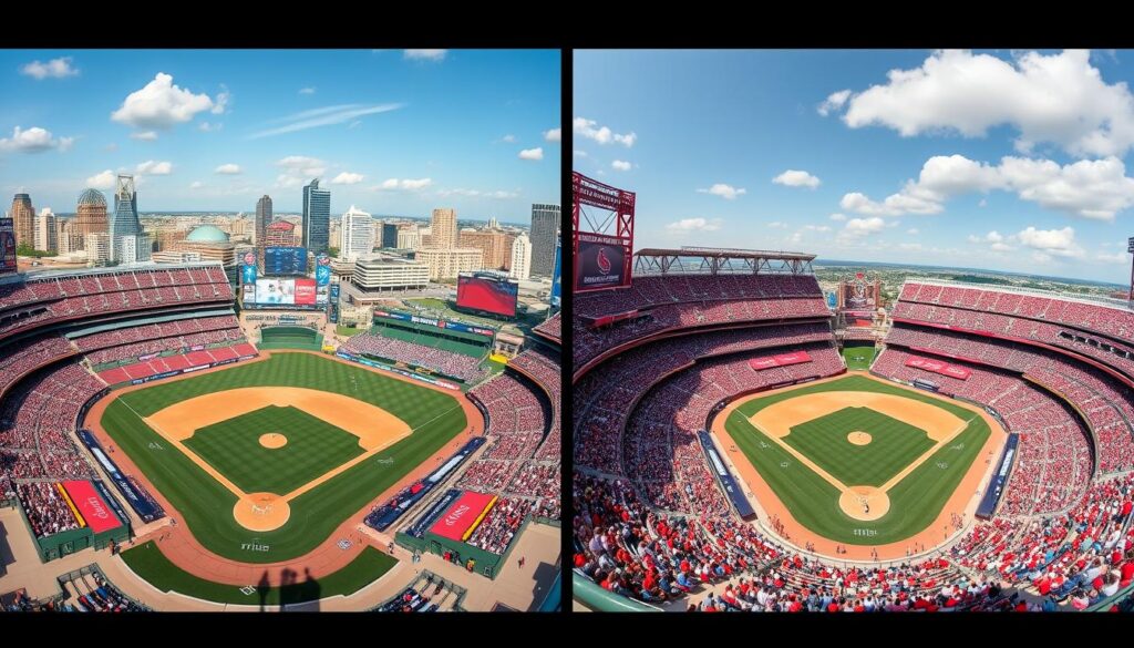 Stadium comparison showing Comerica Park and Busch Stadium during Tigers vs Cardinals series Stadium comparison showing Comerica Park and Busch Stadium during Tigers vs Cardinals series