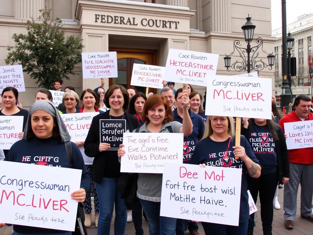 Supporters rallying for Congresswoman McIver outside the federal courthouse Supporters rallying for Congresswoman McIver outside the federal courthouse