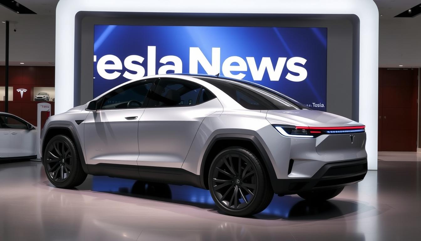 Tesla Cybertruck on display with Tesla News updates visible on screen