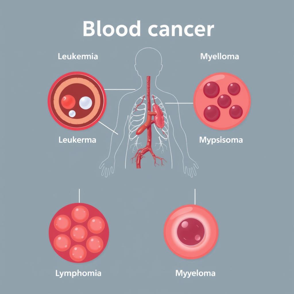 Three main types of blood cancer: leukemia, lymphoma, and myeloma Three main types of blood cancer: leukemia, lymphoma, and myeloma