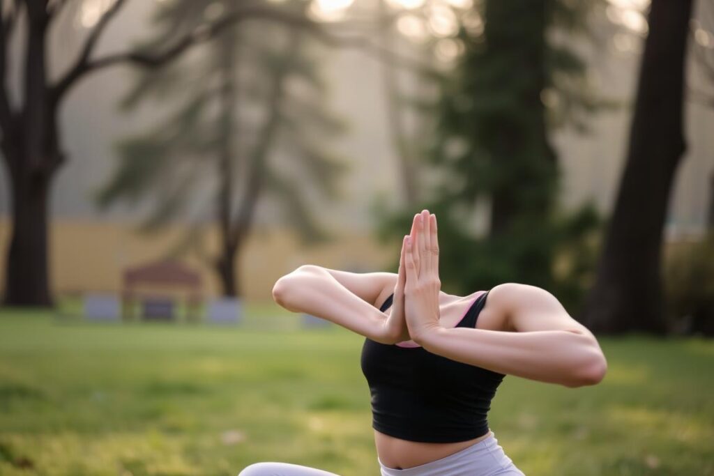 Woman practicing yoga outdoors representing recovery from burnout