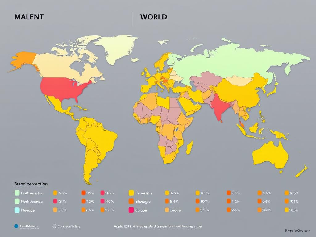 World map showing Apple's brand perception scores across different regions, highlighting its status as the world's most valuable brand World map showing Apple's brand perception scores across different regions, highlighting its status as the world's most valuable brand