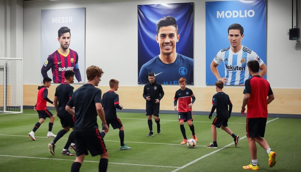 Young football players training with pictures of Ballon d'Or winners on the wall for inspiration Young football players training with pictures of Ballon d'Or winners on the wall for inspiration