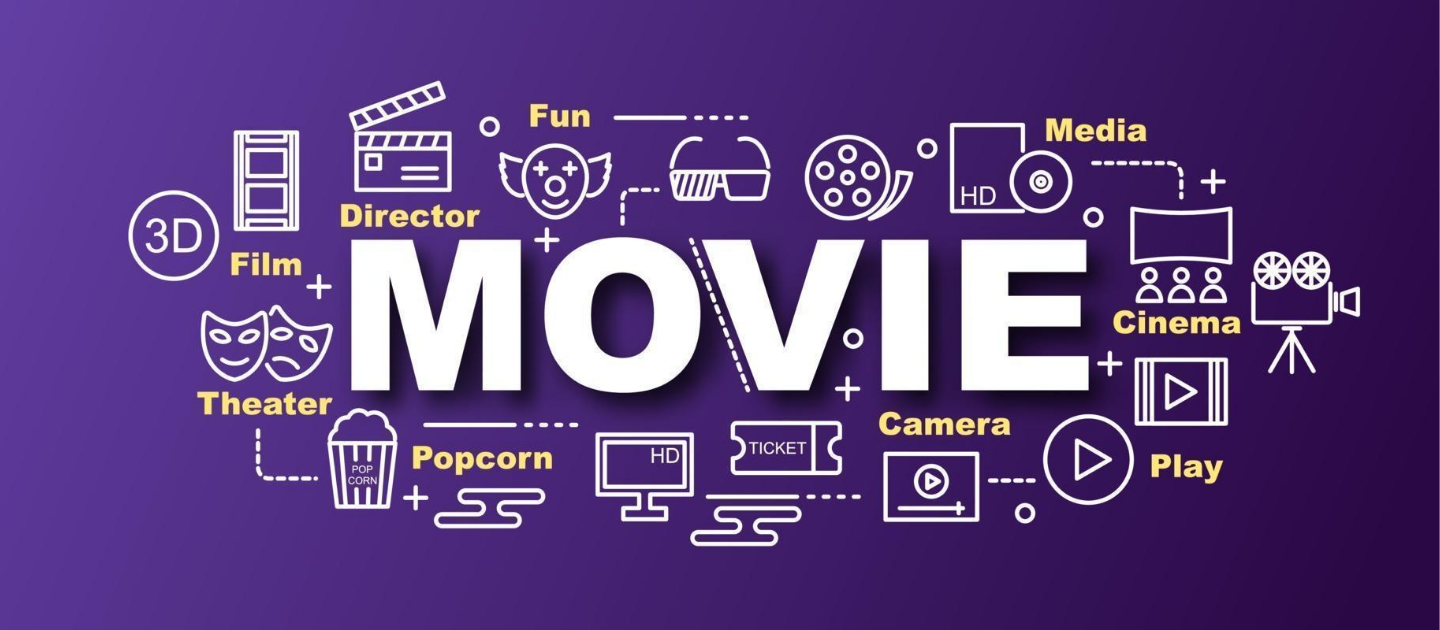 a purple background with white text of movies and icons