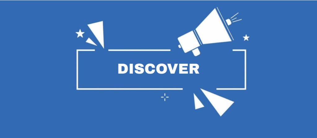 a blue background with white discover text and white megaphone